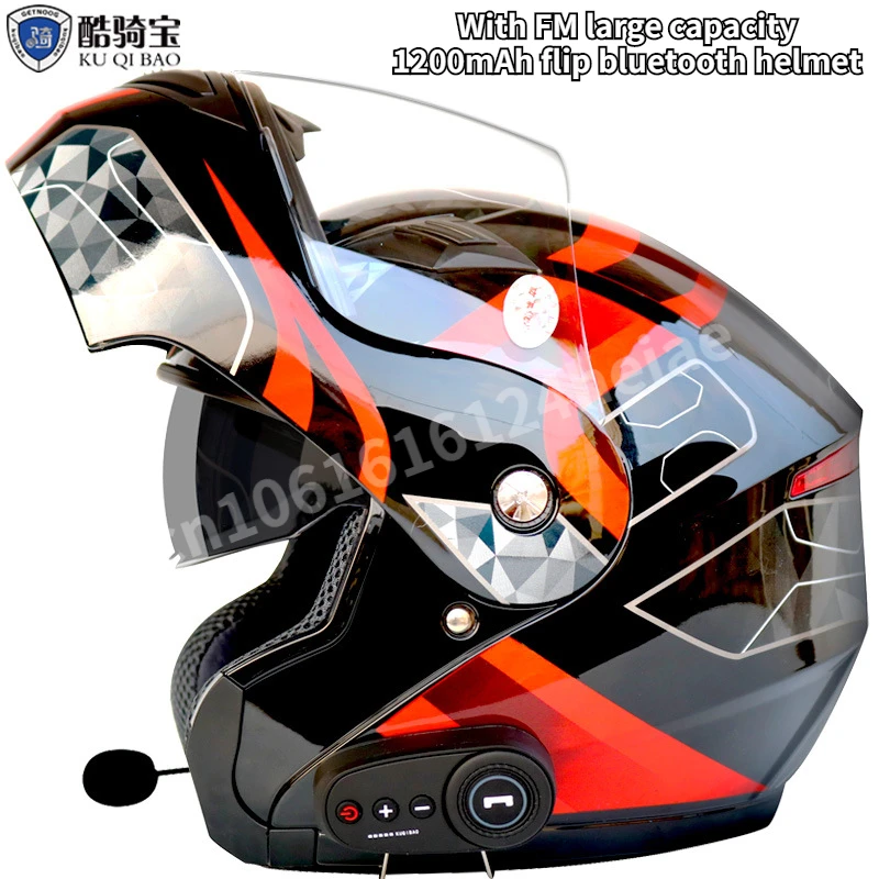 

KUQIBAO Motorcycle Bluetooth Helmet Double Lens Uncovered Helmet Motorcycle Helmet with FM Large Capacity 1200mAh Flip Helmet