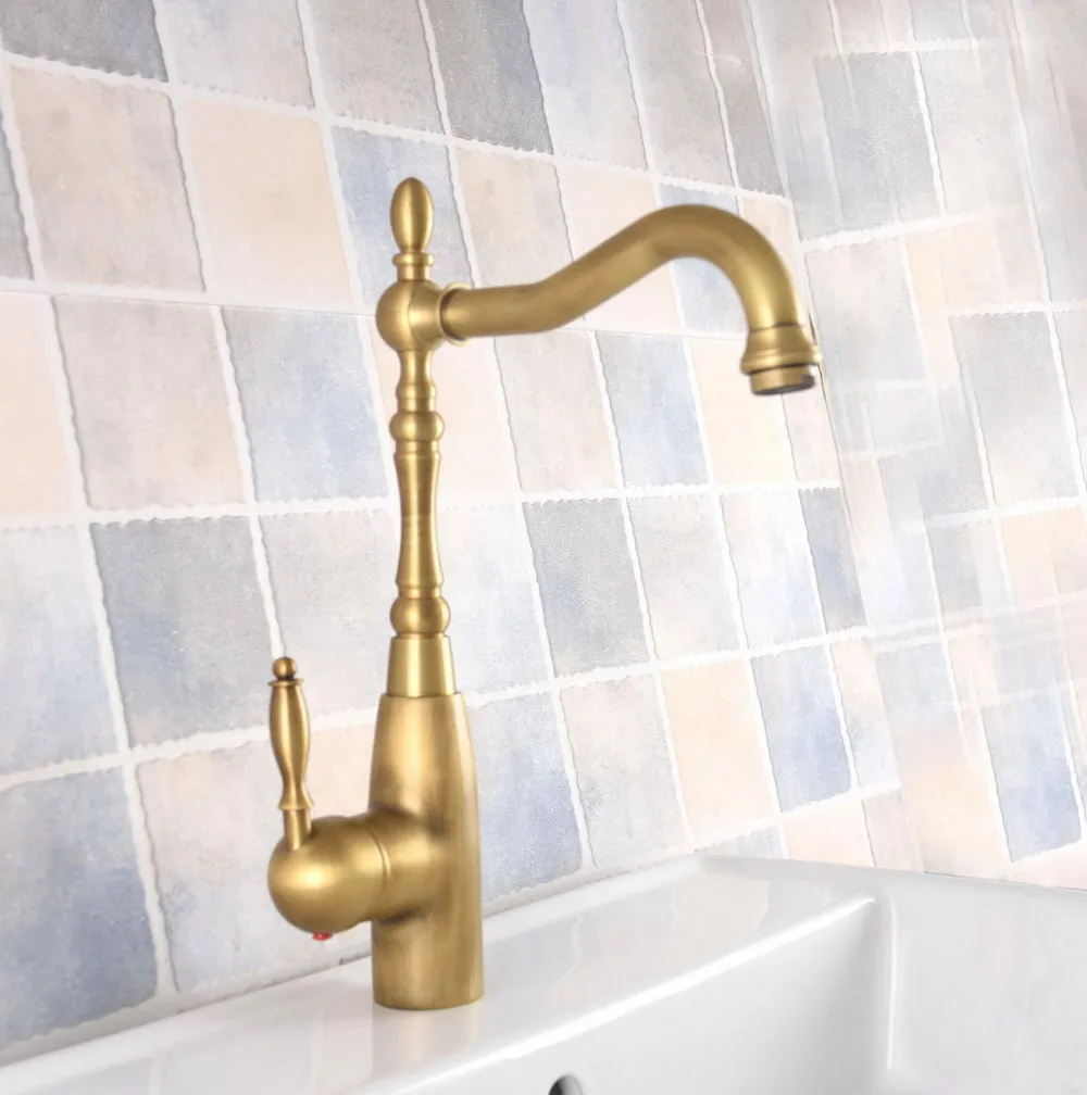 Antique Brass Kitchen Wet Bar Bathroom Vessel Sink Faucet Single Hole Swivel Spout Mixer Tap aan323