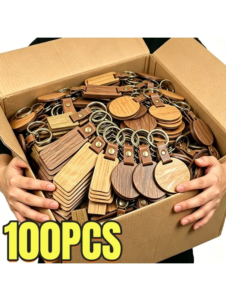 100 szt. Drewniane breloki z PU skóry, drewniane zawieszki do kluczy, breloki do grawerowania laserowego, ozdoby do samochodu, prezenty, akcesoria DIY, identyfikatory. — 2