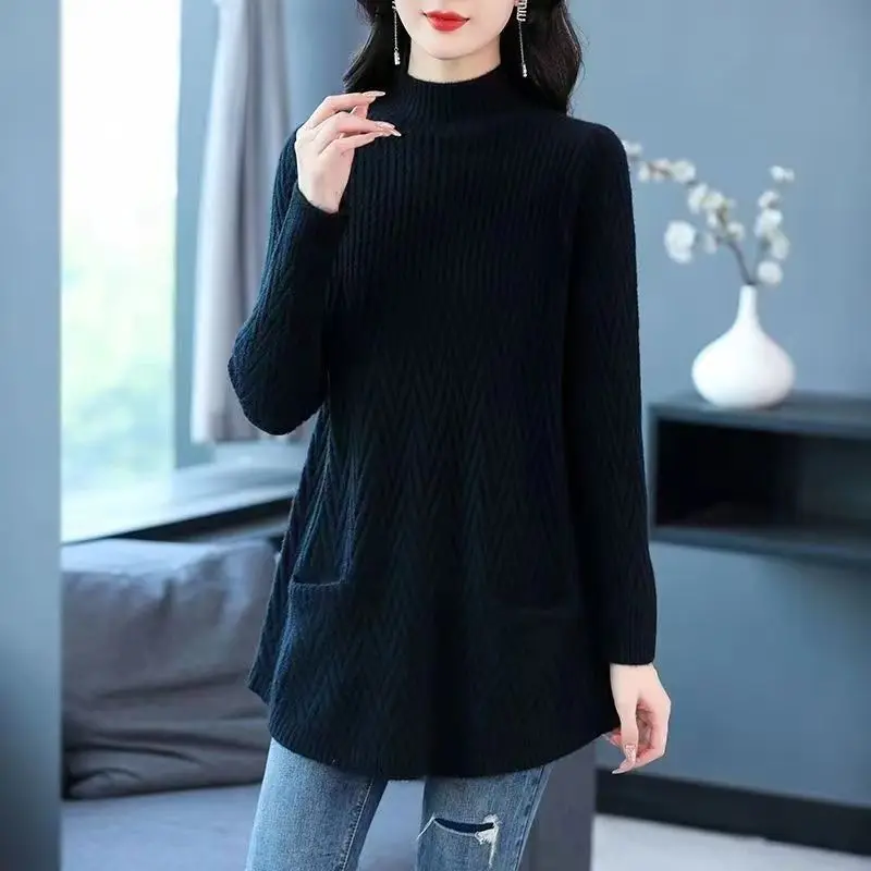 Autumn and Winter Mid Length Women\'s 2024 Pullover Half High Neck Panel Screw Thread Pocket Loose Knitted Long Sleeved Sweater