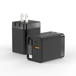 PD40W Retractable Cable Fast Charger Folding Foot Gallium Nitride Dual Port AC Super Fast Charger For IPhone Fast Charger