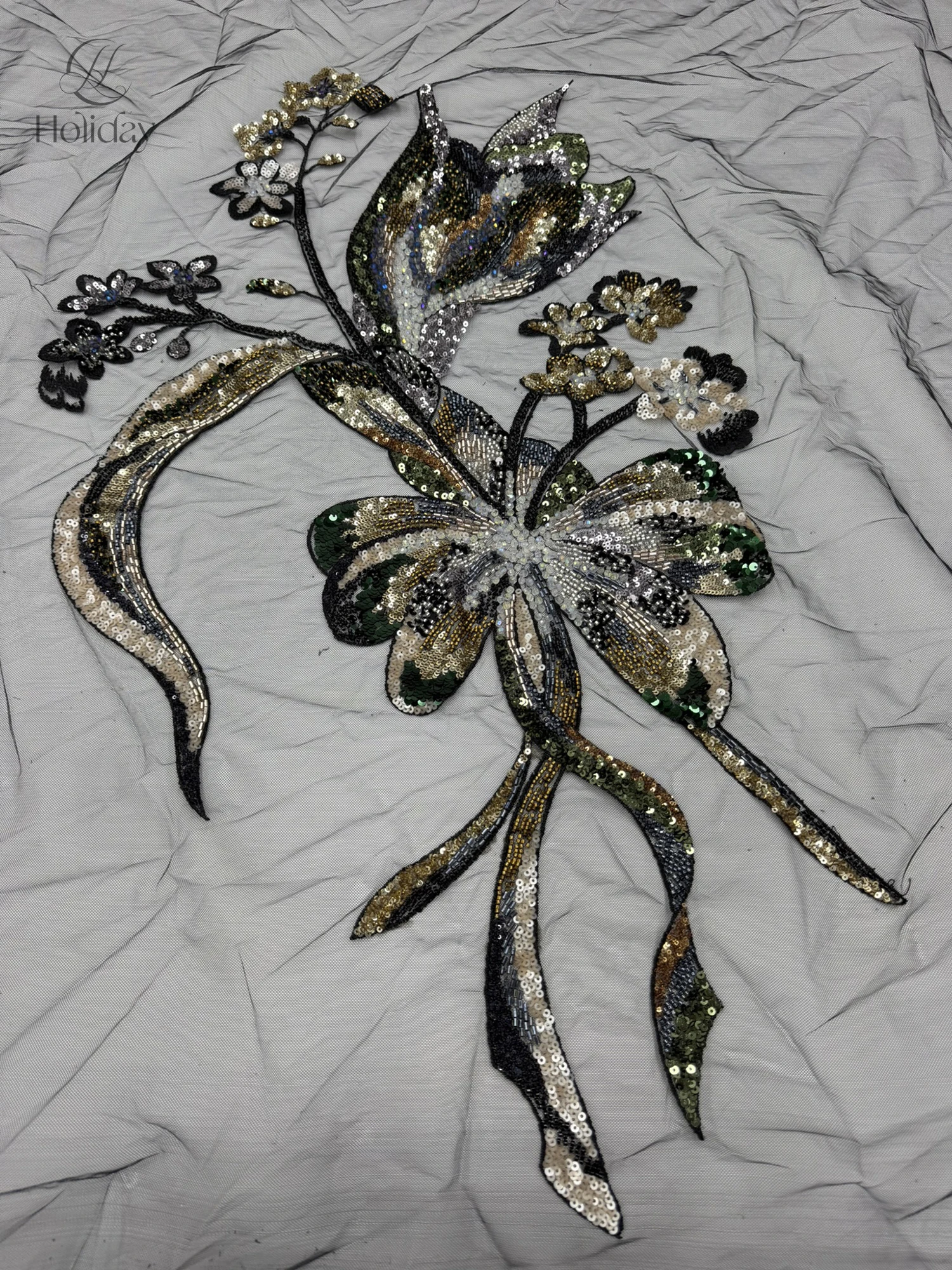 Beaded Sequined 3D Floral Embroidery Applique Flower Motif, Sew On Patch for Wedding Gown Evening Dress Abaya DIY Craft