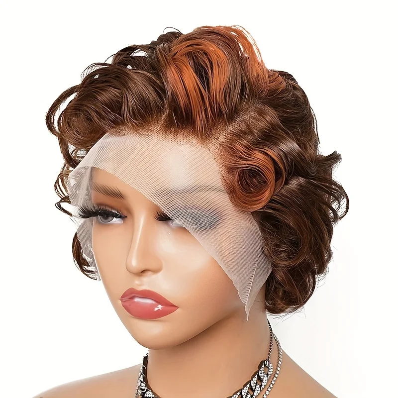 Peluca de cabello humano con corte Pixie corto, postizo de onda rizada de color 13x4, encaje Frontal transparente, Remy