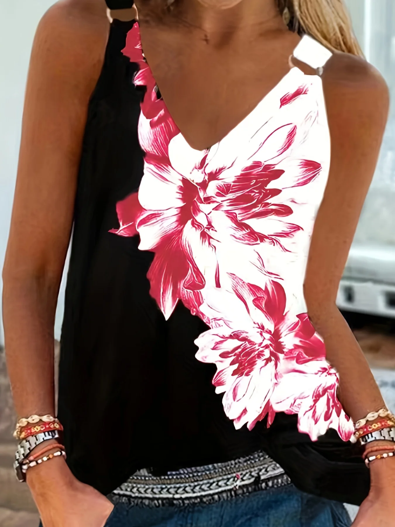 Women's Elegant V-Neck Floral Print Tank Top Fashionable Commuting Summer New Style Daily Wear Camisole
