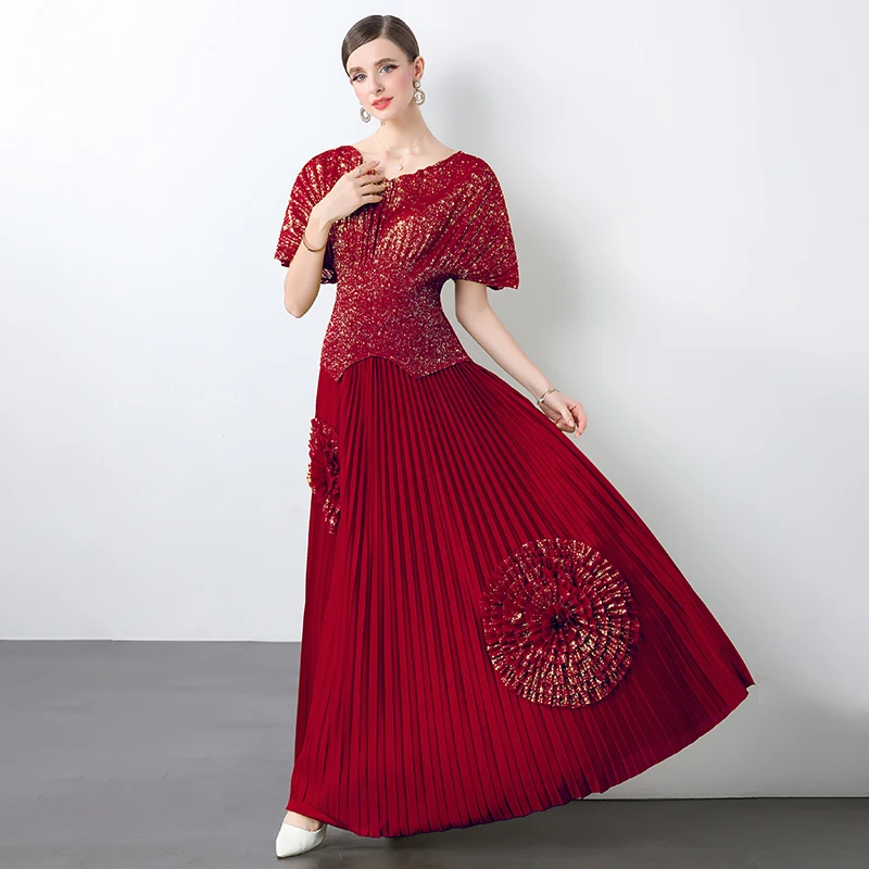 Ensemble t-shirt et jupe longue V-Ne avec Sves chauve-souris et Gold Eming européen Sle fibre de polyester Midi Dr