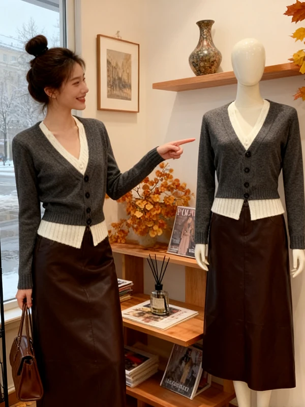 

Retro Knitted Set Women's Slimming Waist V-Ne Open Cardigan High Waist Skirt Two-Piece Suit Autumn Winter Faion Casual Wear