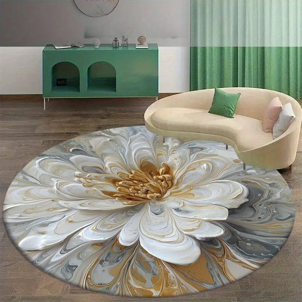 Marble Gold White Fluid Art Flower Round Rug  Abstract Grey Swirl Floral Circular Mat Modern Living Room Sofa Non Slip Carpet