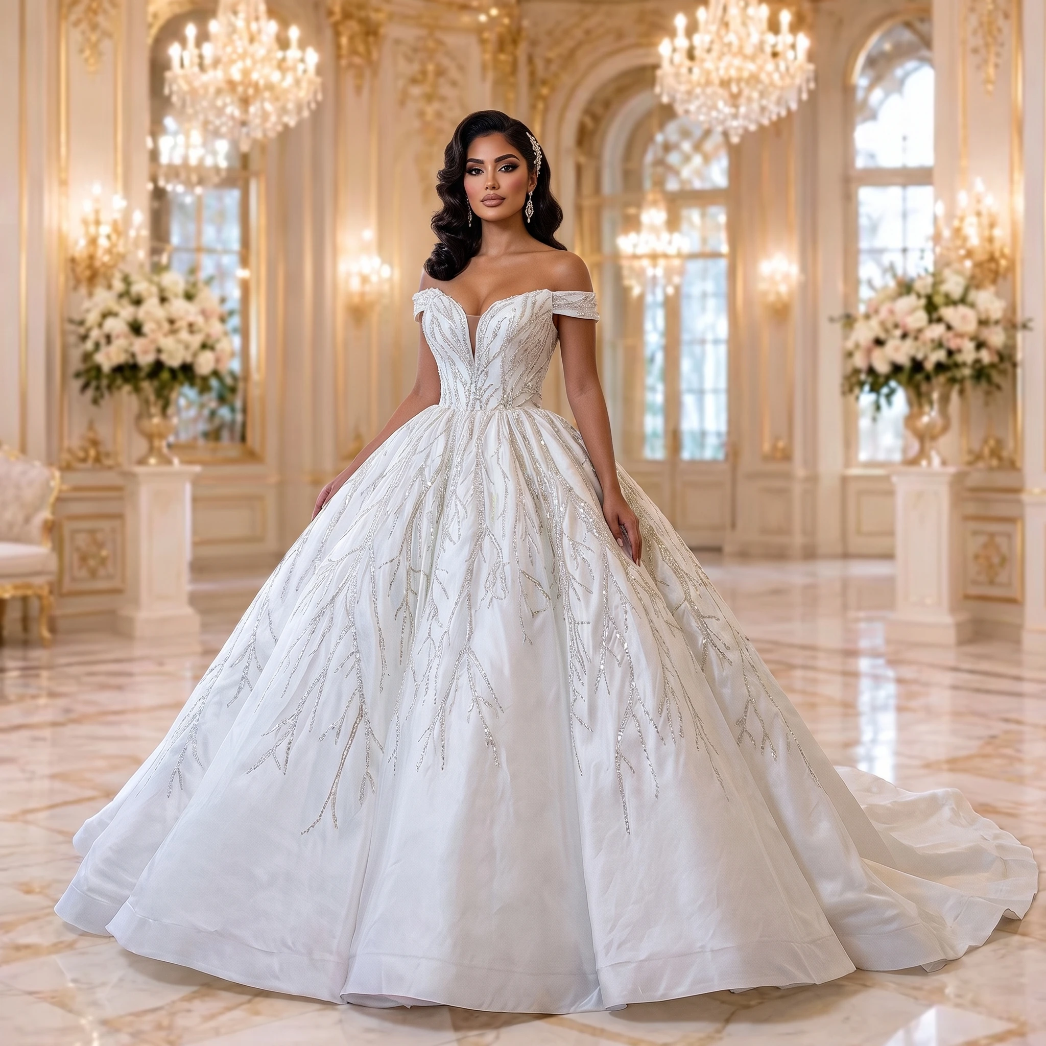 Crystal Pleat Wedding Dresses 2026 Customized Ball Gown Sequined Prom Dress V-neck Dresses For Veiled Women
