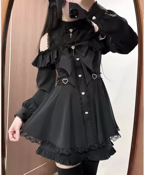 Lente Herfst Zoete Japanse Off-the-shoulder Kant Lange Mouw Jurk Hoge Taille A-lijn Leeftijdsverlagende Vrijetijdsjurken Shorts Sets