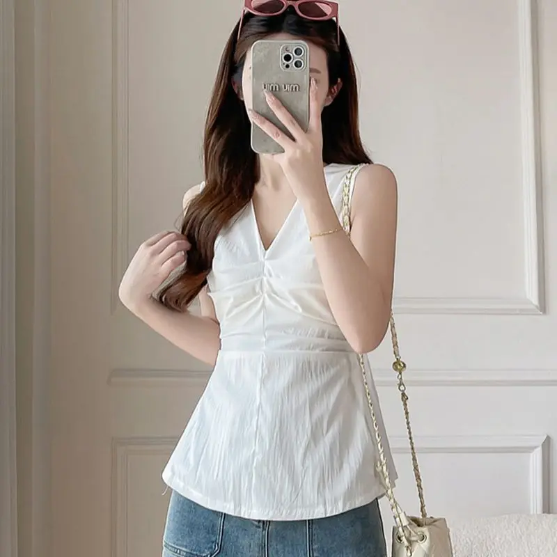 Women Clothing Summer Fashion Casual Solid Color V-neck Tank Top Female Korean Simplicity Temperament Appear Thin Sleeveless Top