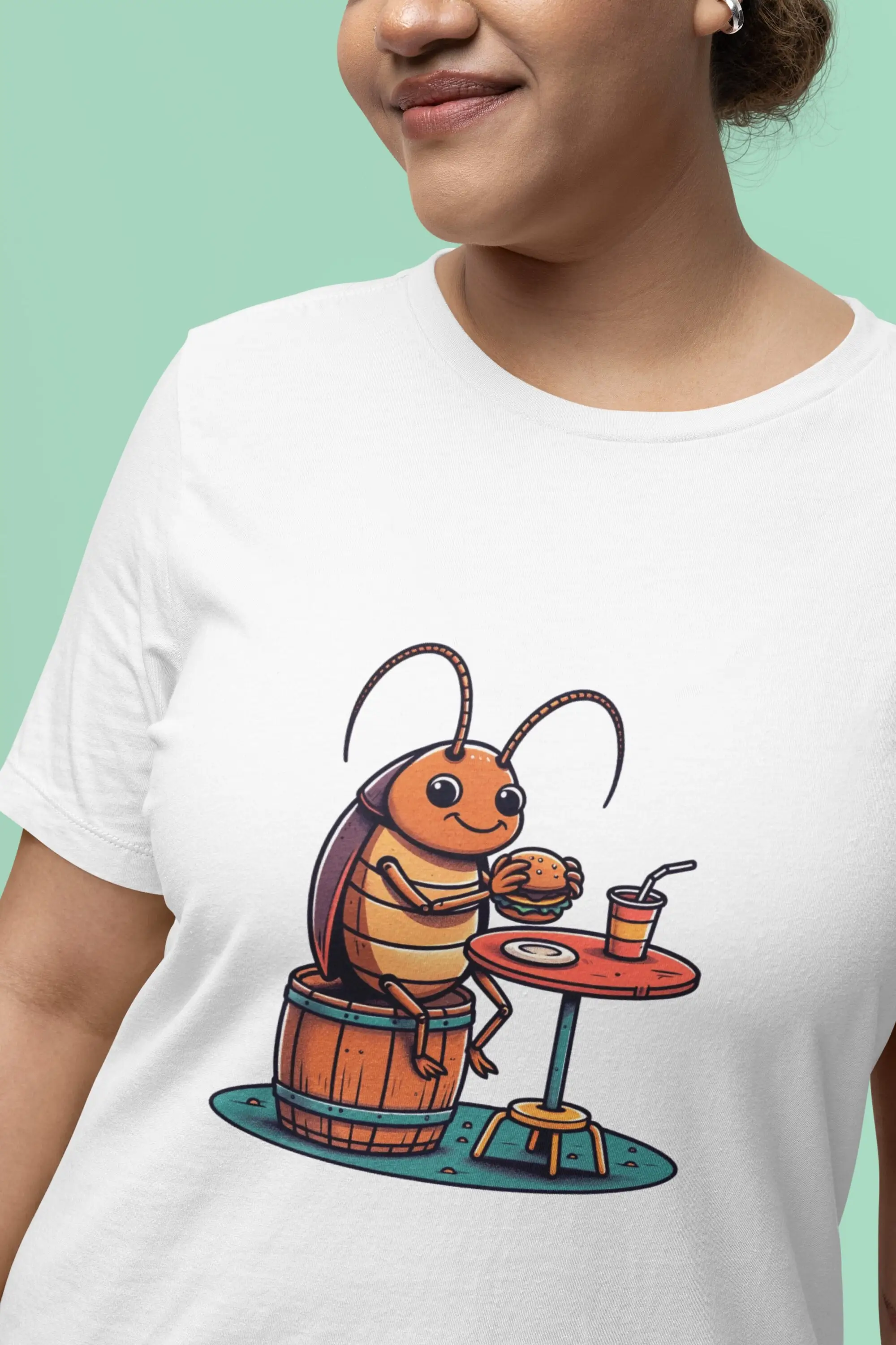 Whimsical Cockroach Cartoon T Shirt Funny Insect Burger Art Unique Animal Illustration Casual Wear