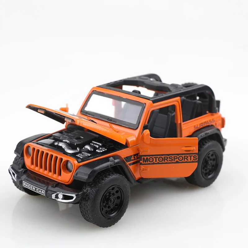 รถออฟโรดแบบเปิดประทุน (แบบมีถุง) ขนาด 1/36 รุ่น Wrangler ผลิตจากโลหะหล่อขึ้นรูป ของเล่นเด็กผู้ชาย เปิดประตูได้สี่บาน ฟังก์ชั่นดึงหลังเคลื่อนที่ได้