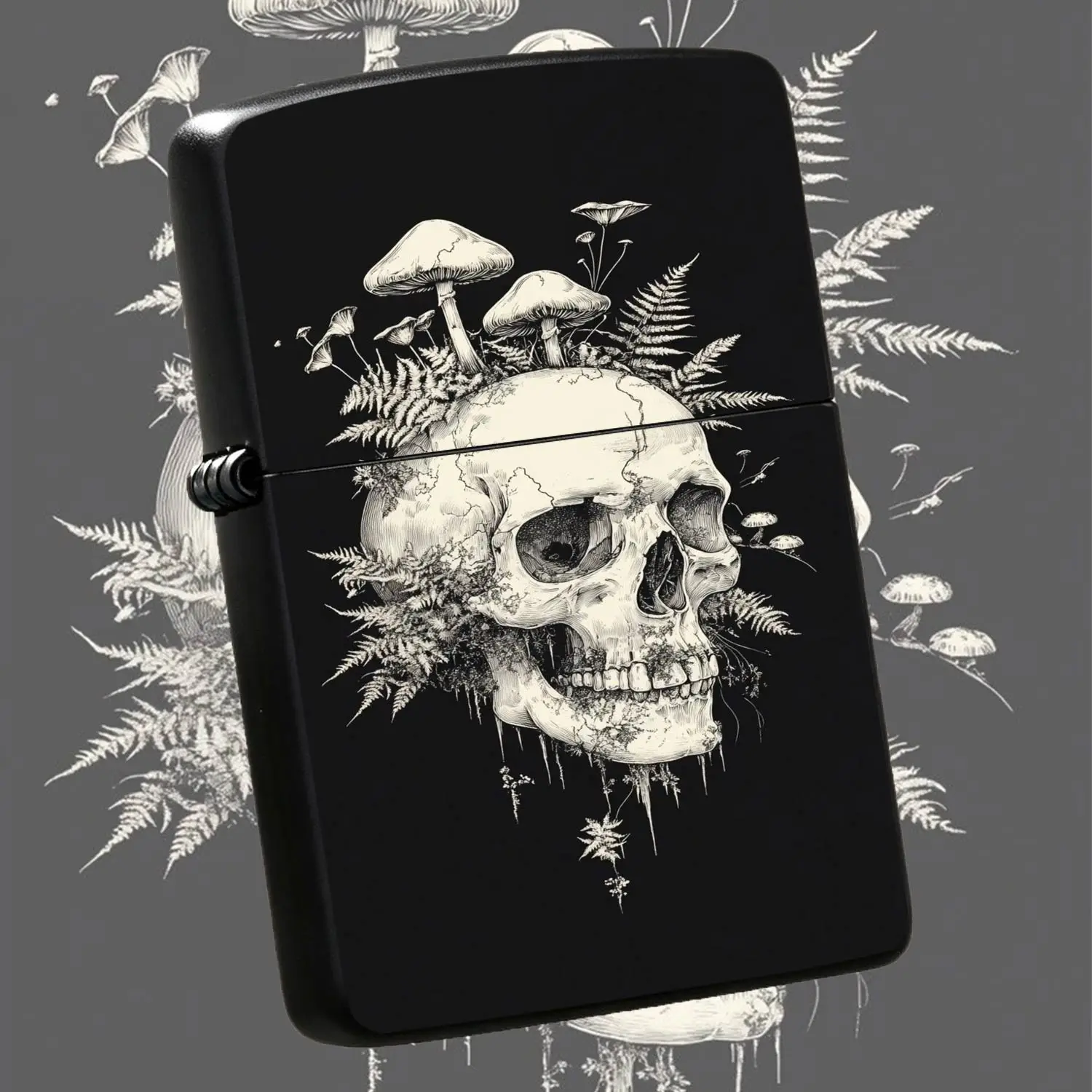 Vintage Dark Forest Skull Fern Mushroom Print Pocket Lighter, Artistic Nature Inspired Portable Igniter, Ideal For Outdoor Camping Daily Use, Unique Stylish Gift Choice For Party Travel Home Decor Scenarios, Eye-Catching Aesthetic Carry Acc