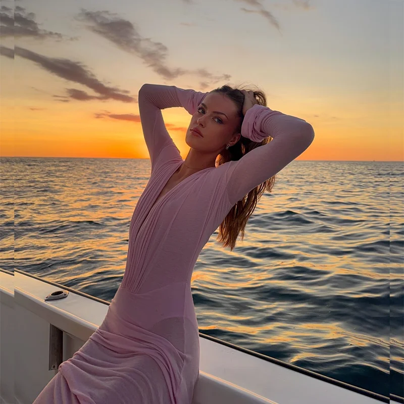 Women's Sexy Sheer Mesh Long Sleeve Maxi Dress Deep V Neck Long Sleeve Party Gown Stylish Lady Ruched Slim Fit Club Beach Wear