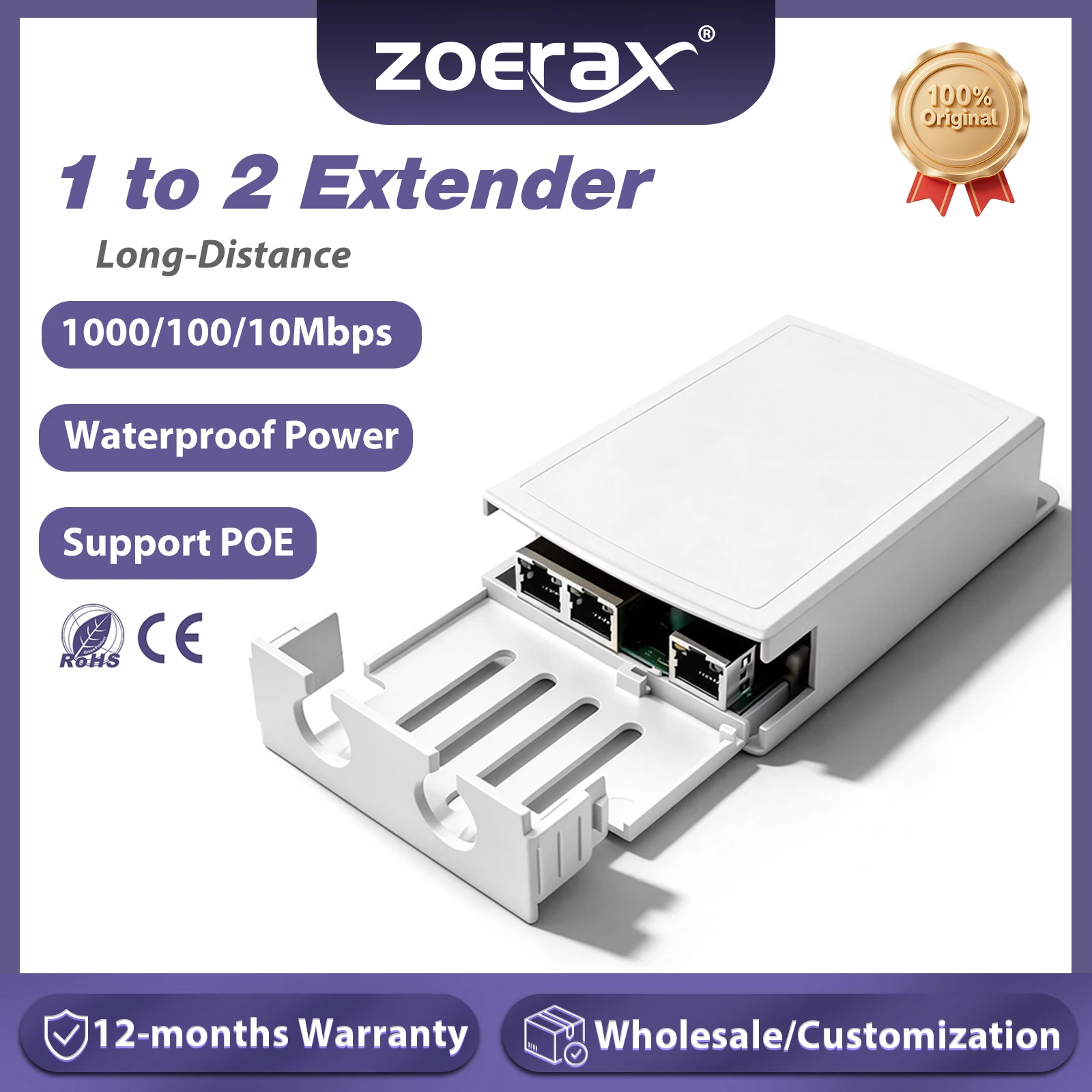 

ZoeRax Waterproof POE Repeater 1000/100/10Mbps 1 to 2 Outdoor Network Switch PoE Extender for POE System Camera