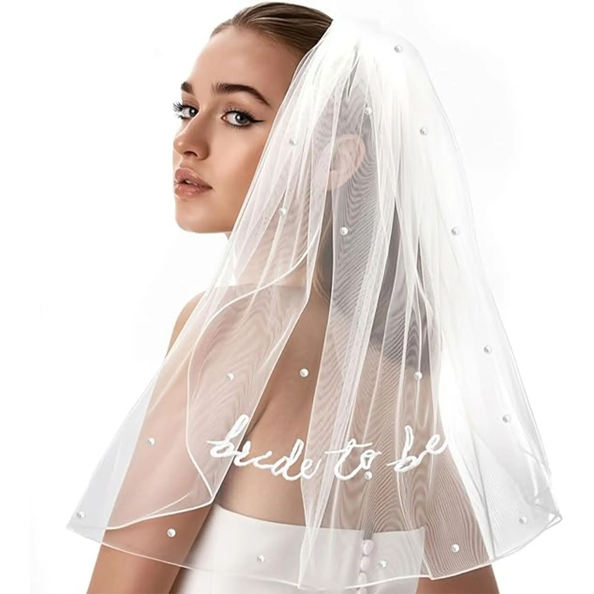 Bride to Be Bridal Veil Elegant White Lace Wedding Veiling Headpiece with Faux Pearl Decor for Weddings and Bachelorette Parties