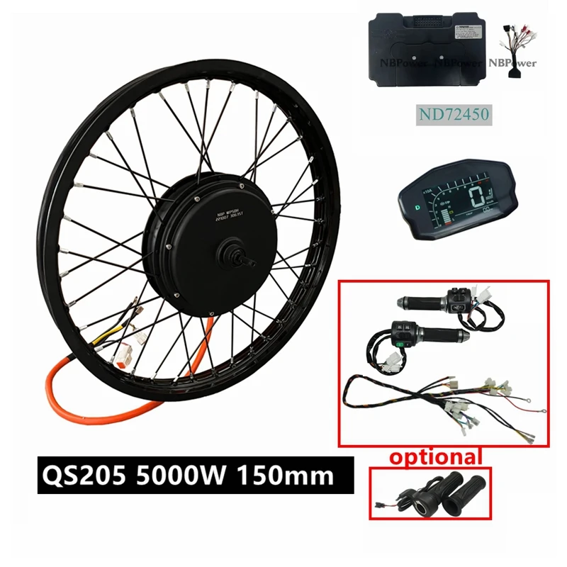 

Комплект для электровелосипеда NBpower/QS205 V3 72В 5000Вт, мотор-колесо для электромотоцикла с дропаутом 150 мм, контроллером ND72450 и дисплеем DKD