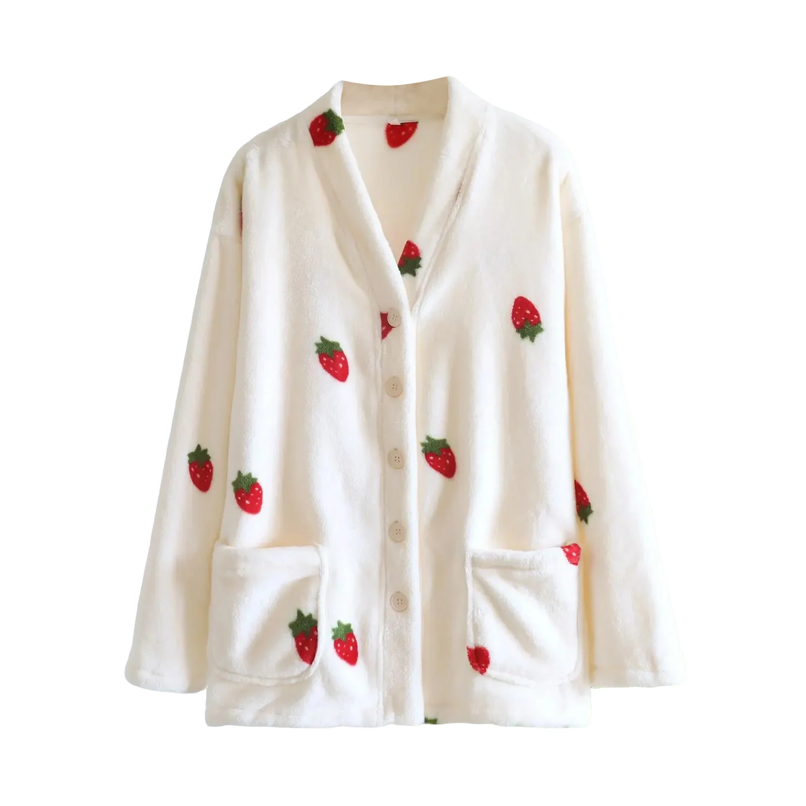 سترة نسائية عصرية برقبة على شكل حرف V وأكمام طويلة وأزرار سفلية لخريف وشتاء من الفلانيل دافئة ومريحة ملابس نوم سترة ملابس منزلية #2