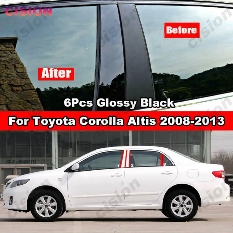 For Toyota Corolla Altis Sedan 2008-2013 Mirror Effect Window Door Column B C Pillars Post Cover Trim Black Carbon Fiber Sticker