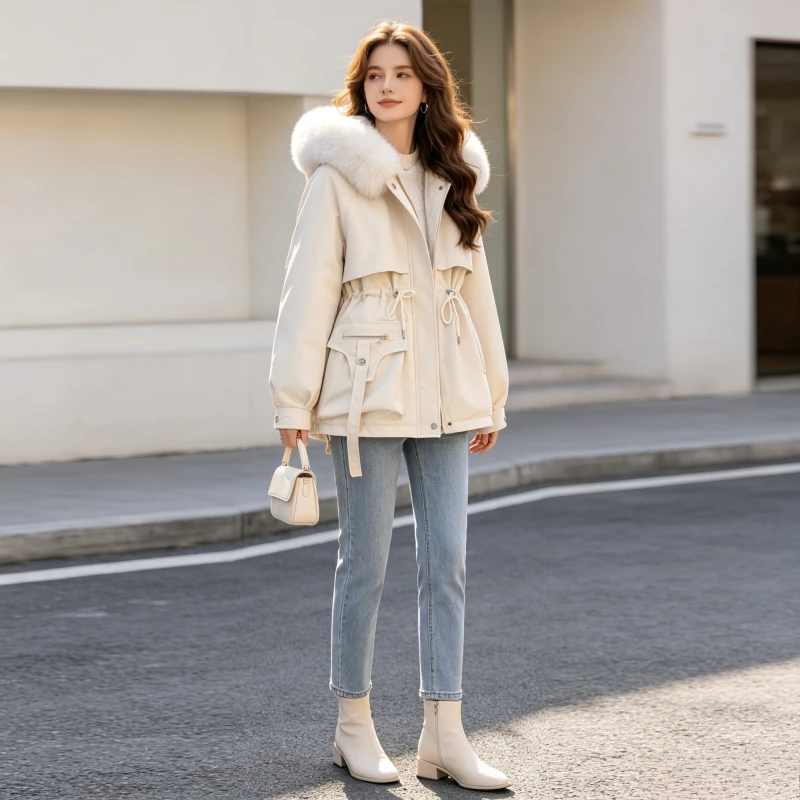 Women Parkas Fur Collar Hooded Jackets Casual Pockets Zipper Coats Lady Winter Long Sleeve Solid Thick Warm Tight Waist Jacket