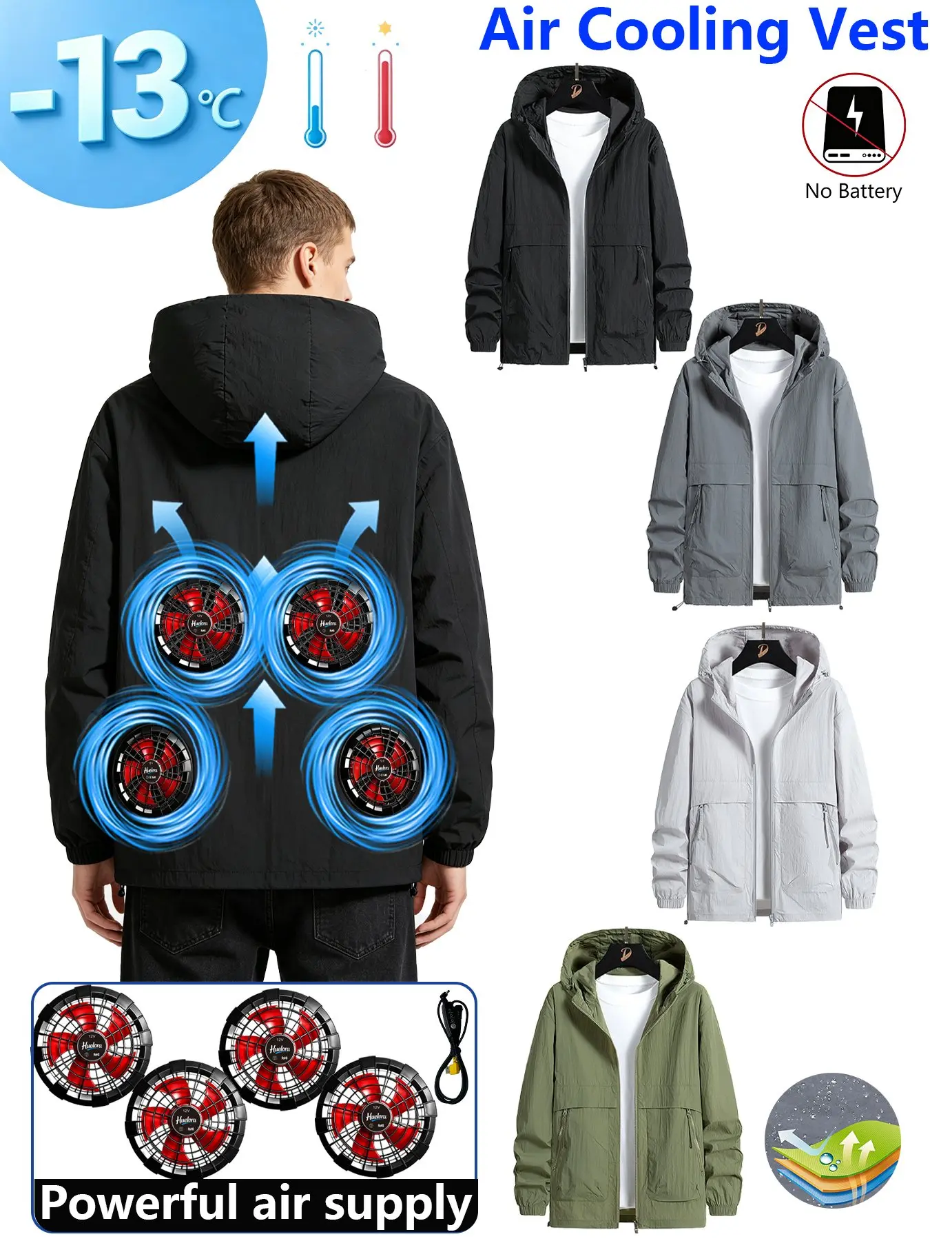 Men Hooded Long Sleeve Air Cooling Jacket with 3 Built-in USB Fans，for Outdoor Fishing Construction Gardening Work