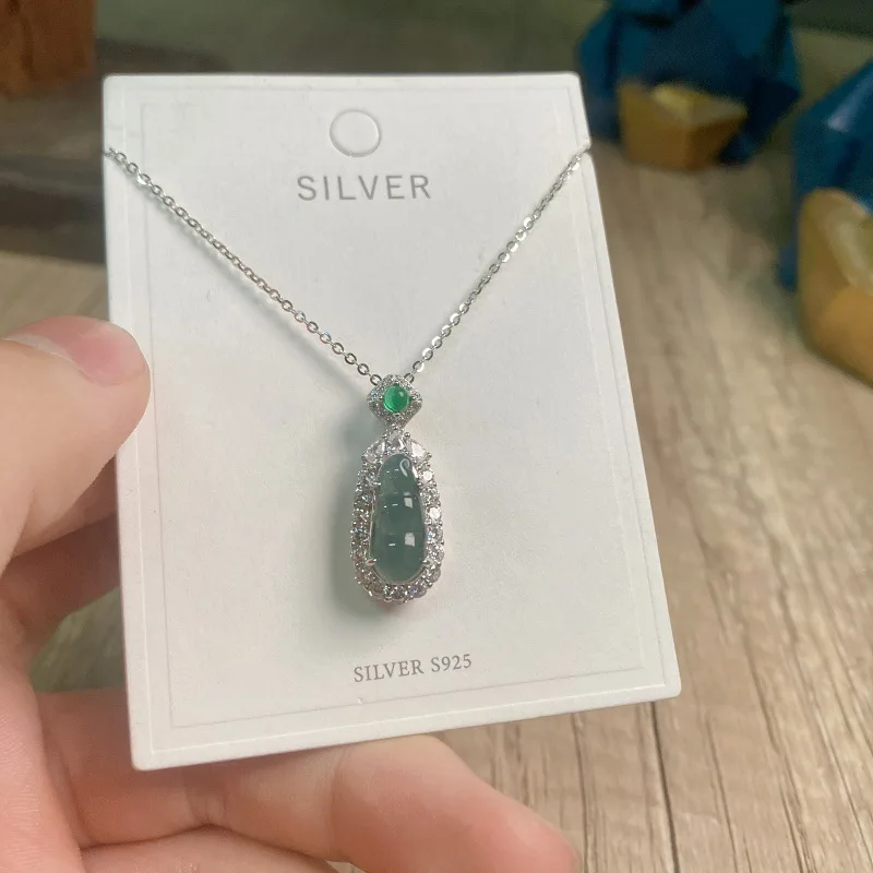 S925 sterling silver natural a cargo Jade bean necklace women's national fashion dangerous material sauteed green beans pendant