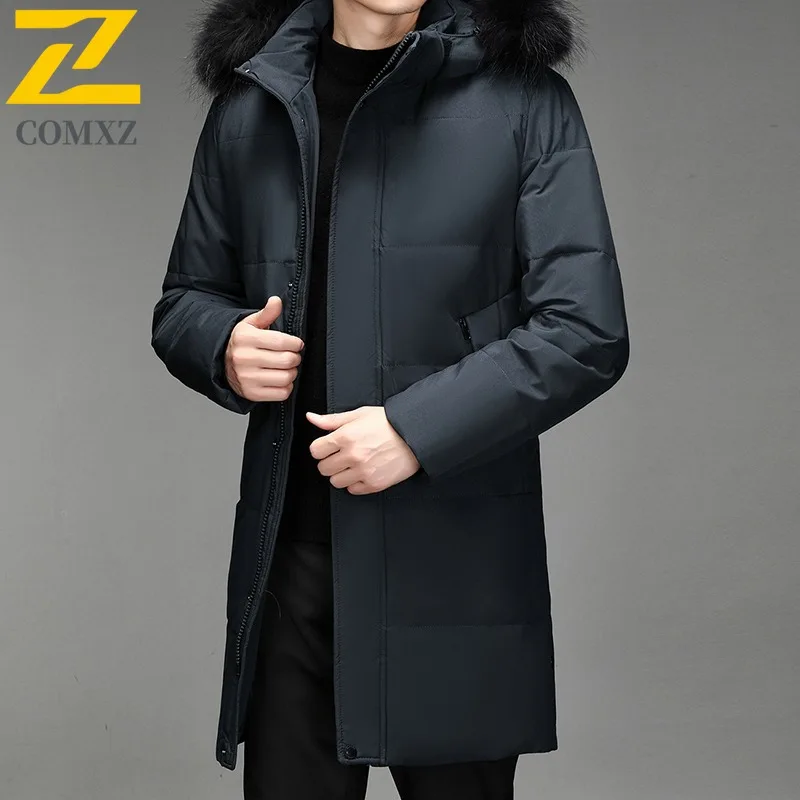 

COMXZ Premium Men Long Down Jacket Fur Collar Hooded Outdoor Sport Warm Parka Daily Casual Lightweight Winter Puffer Jacket