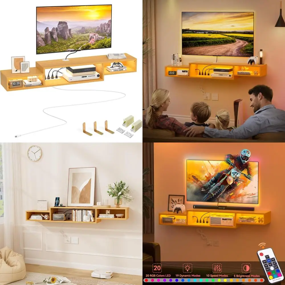 

LED-Illuminated Floating TV Stand for 59 Screens, Wall Mount Shelf with Storage and Media Console for Under-TV Organization