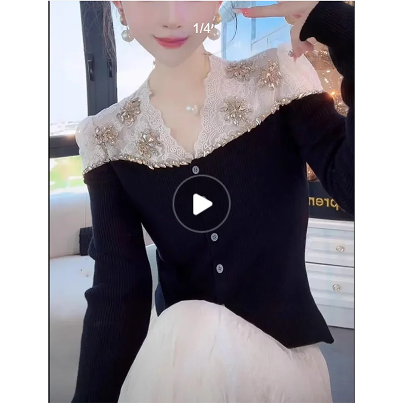 Cardigan en tricot preppy pour femme, brodé de strass, effet deux-pièces anti-âge, collection automne 2025, design sensationnel