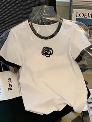 T-shirt blanc à manches courtes pour femmes, haut à la mode, col rond, stéréo, fleur, vêtements féminins, été, nouveau, Y2K, 2024