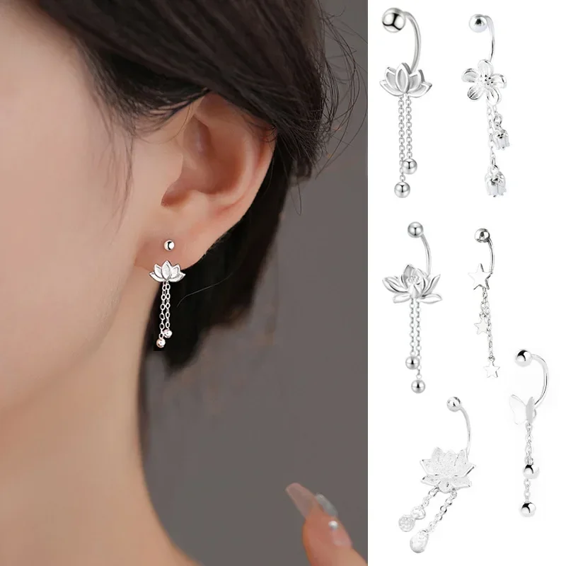 Real 925 Silver Lotus Flower Star Heart Stud Earrings for Women Cute Fine Jewelry Minimalist Piercing Screw Ball Accessories