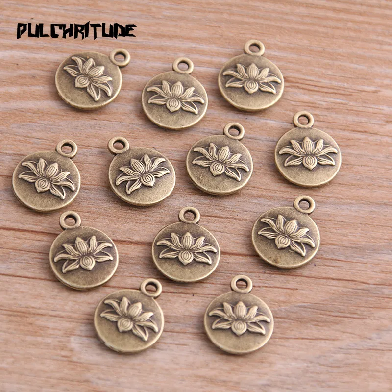 16pcs 13*16mm Metal Alloy Two Color Round Lotus Charms Plant Pendants For Jewelry Making DIY Handmade Craft 11A1721