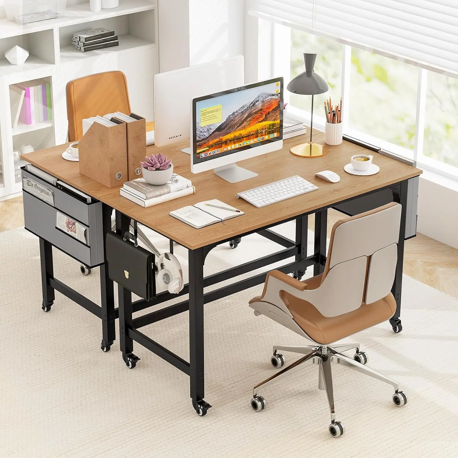 o*-Conference Room Table Set of 2, Mobile Computer Desk with Removable Storage Bag & 2 Hanging Hooks, Rolling Meeting,