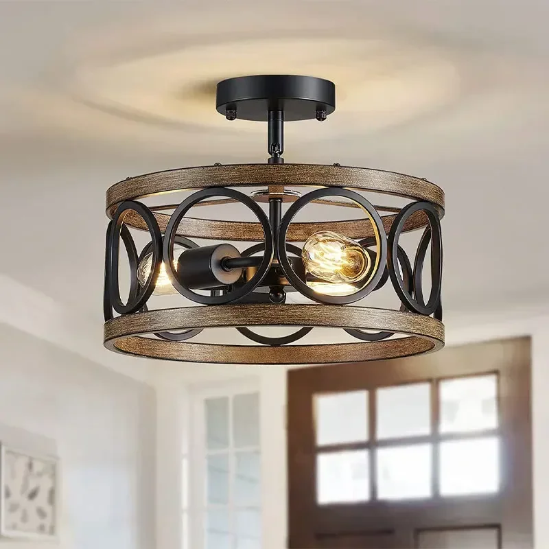 American Industrial Retro Iron Art Wood Grain Circular Chandelier Light Farmhouse Restaurant Bedroom Ceiling Light Home Decor