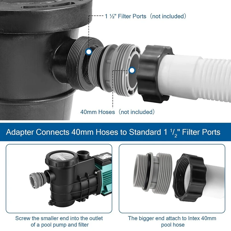 4 Pack Pool Hose Conversion Adapters Kit For Intex & Coleman Pools, 4560 40Mm Hose To 1 1/2 Inch Filter