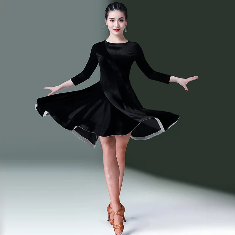 Sexy Latin Dance Wear Dress Autumn and Winter New Adult Women Long-sleeved Dress Velvet Professional Social Dance Training Dress