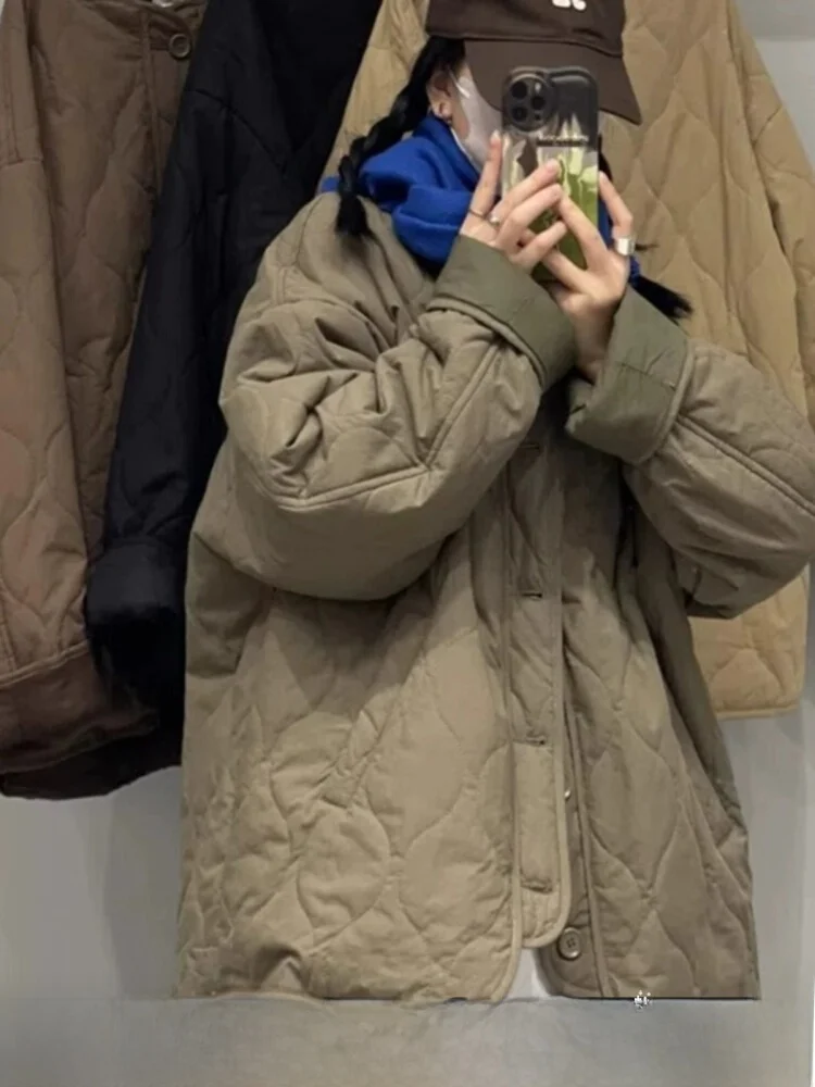 

Winter 2024 Women's Loose Fit Thiened Cotton Padded Diamond Pattern Baseball Jaet Korean Sle Commute Long Sve Coat