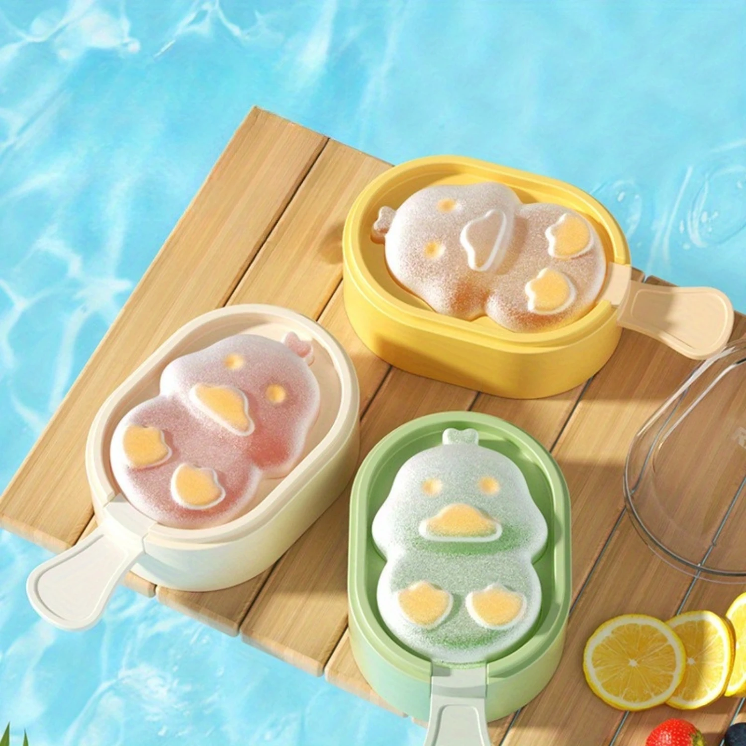 مجموعة قوالب ثلج بلاستيكية خالية من مادة BPA مكونة من 3 قطع، صانعات المصاصة على شكل بطة لطيفة للآيس كريم ومكعبات الثلج، مناسبة للأطفال