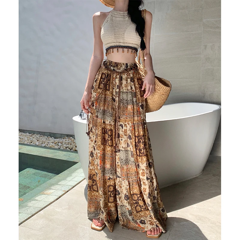 Bohemian Print High Waist Wide Leg Pants Flared Trousers Travel Long Pants Vest Ethnic Style Casual Summer Polyester Fiber