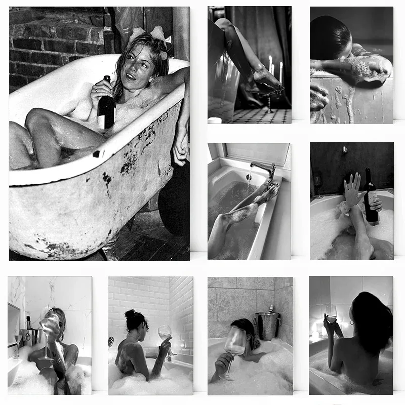 Póster de burbujas para mujer, color blanco y negro, bebiendo champán en la bañera, patas, impresión en lienzo, imagen artística de pared para decoración del hogar y el baño