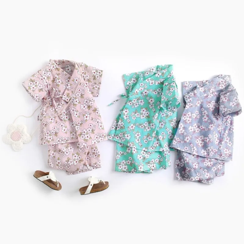 2025 Baby Sleepwear Suit Summer Japanese Children's Household Bathrobe Kimono Pyjama Kids' Short Sleeve Top Pants Suit LI133
