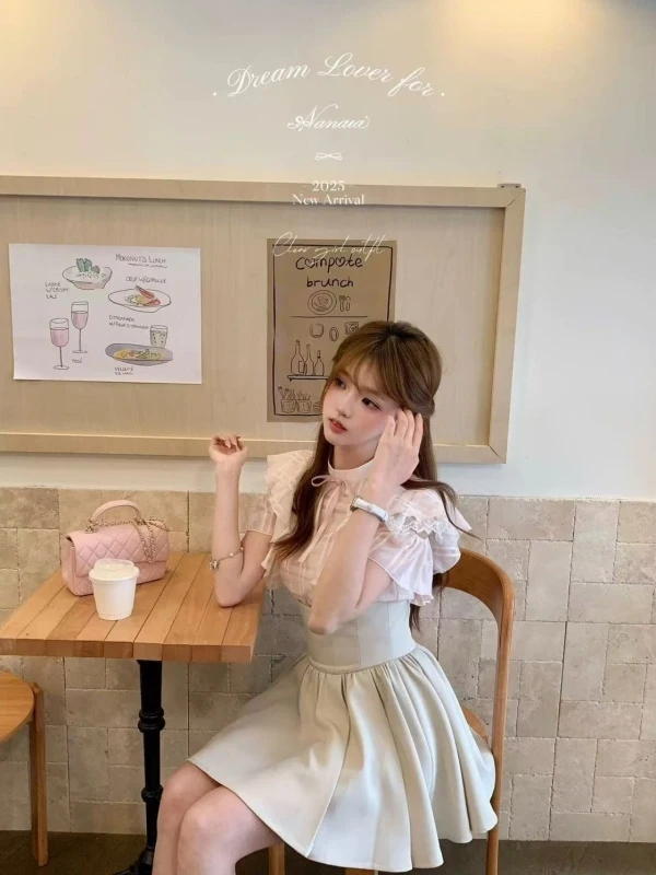 Sweet Anti-Aging Summer Japanese Sle Set round Ne Design  Knot Slim Fit Top High Waist ort Skirt Two Piece Set