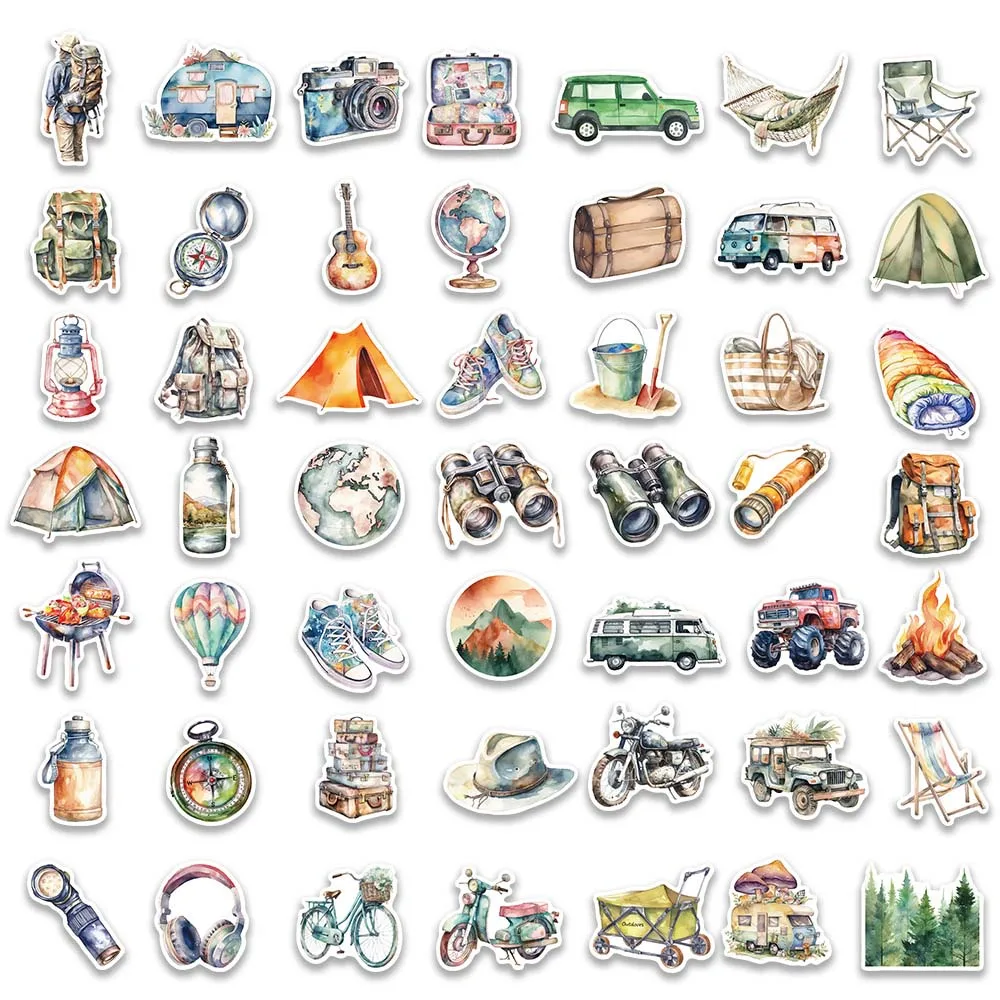 10/50Pcs Retro Outdoor Travel Watercolour Varied Sticker Pack for Kids Scrapbooking Travel Luggage Wall Graffiti Sticker Decals