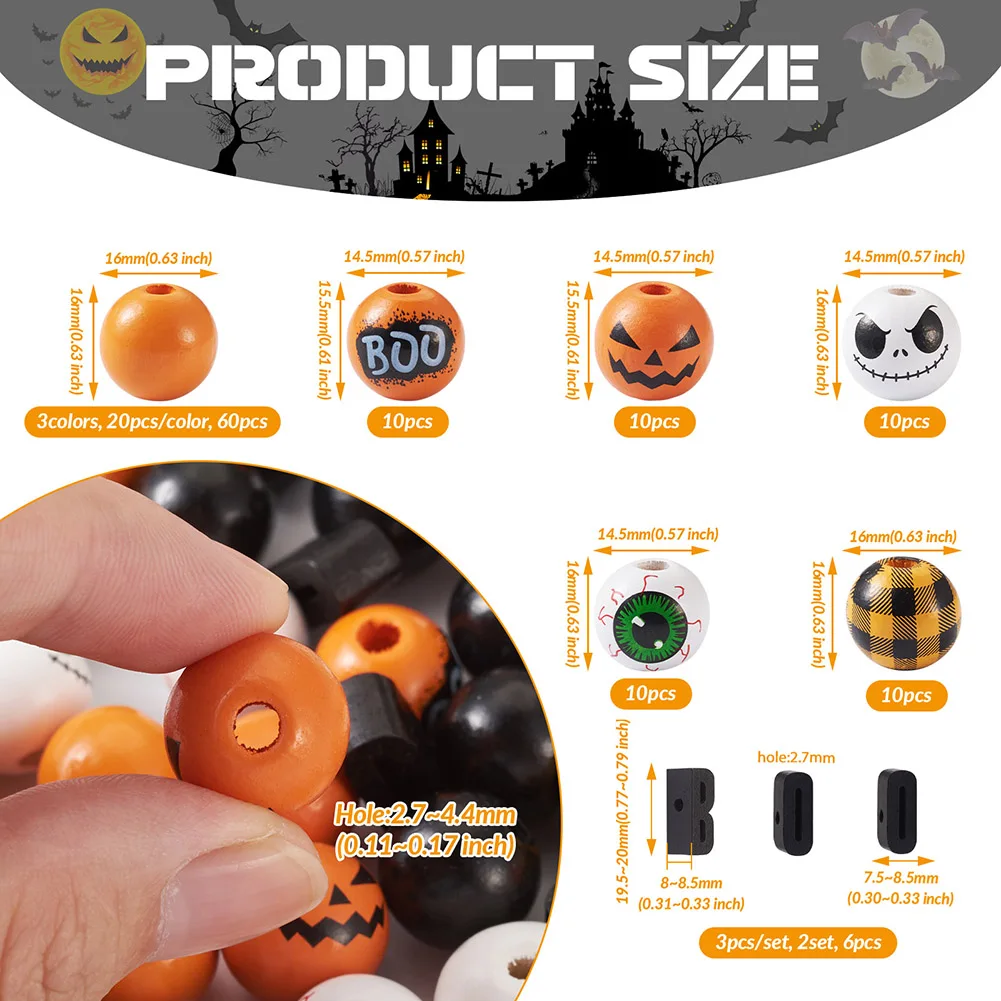 116pcs Round Large Hole Beads Natural Wooden Beads Halloween Pumpkin Word BOO Beads For DIY Jewelry Making Crafts Decorations