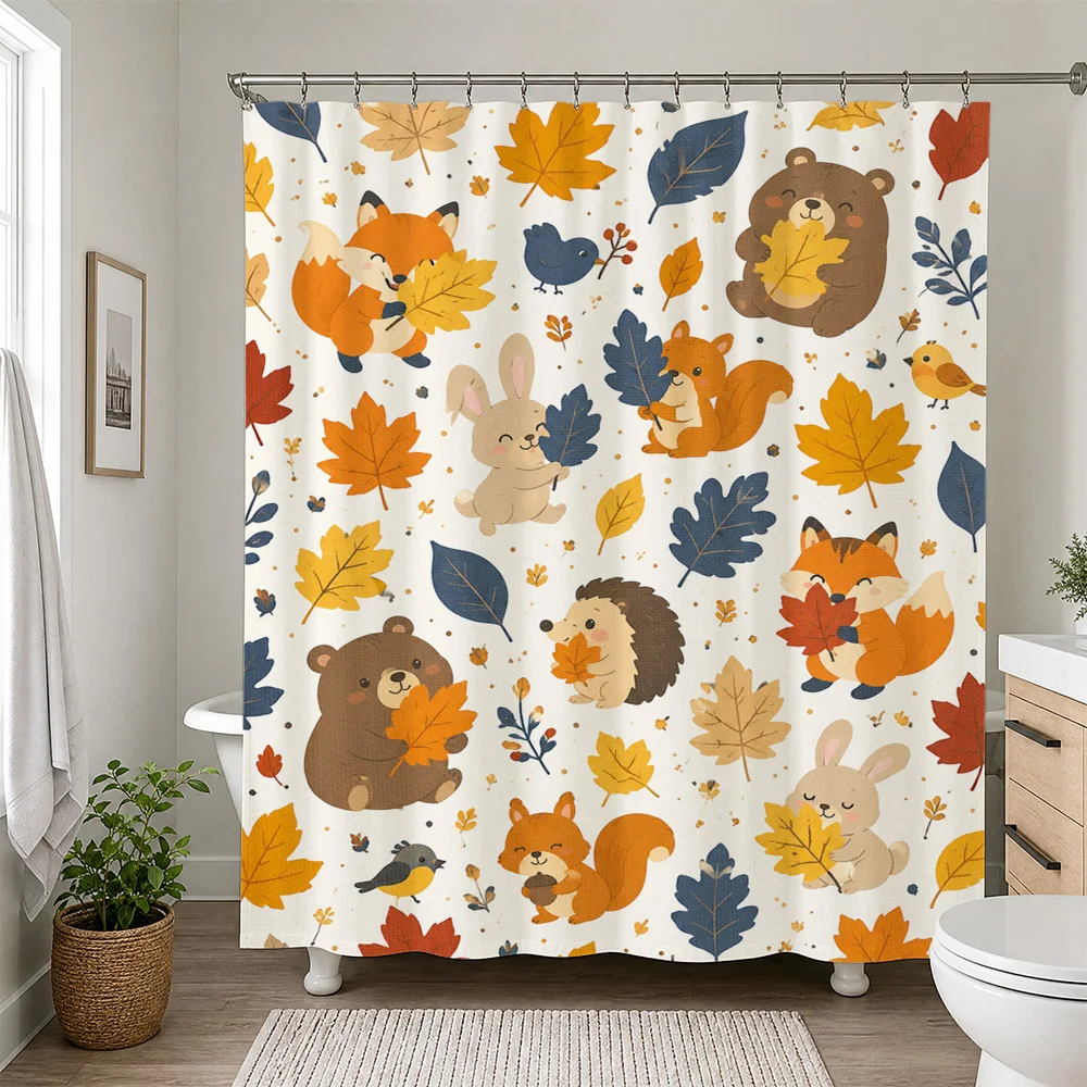 Cute Autumn Fall Forest Animals Shower Curtain Woodland Bears Foxes Rabbits Leaves Bathroom Decor