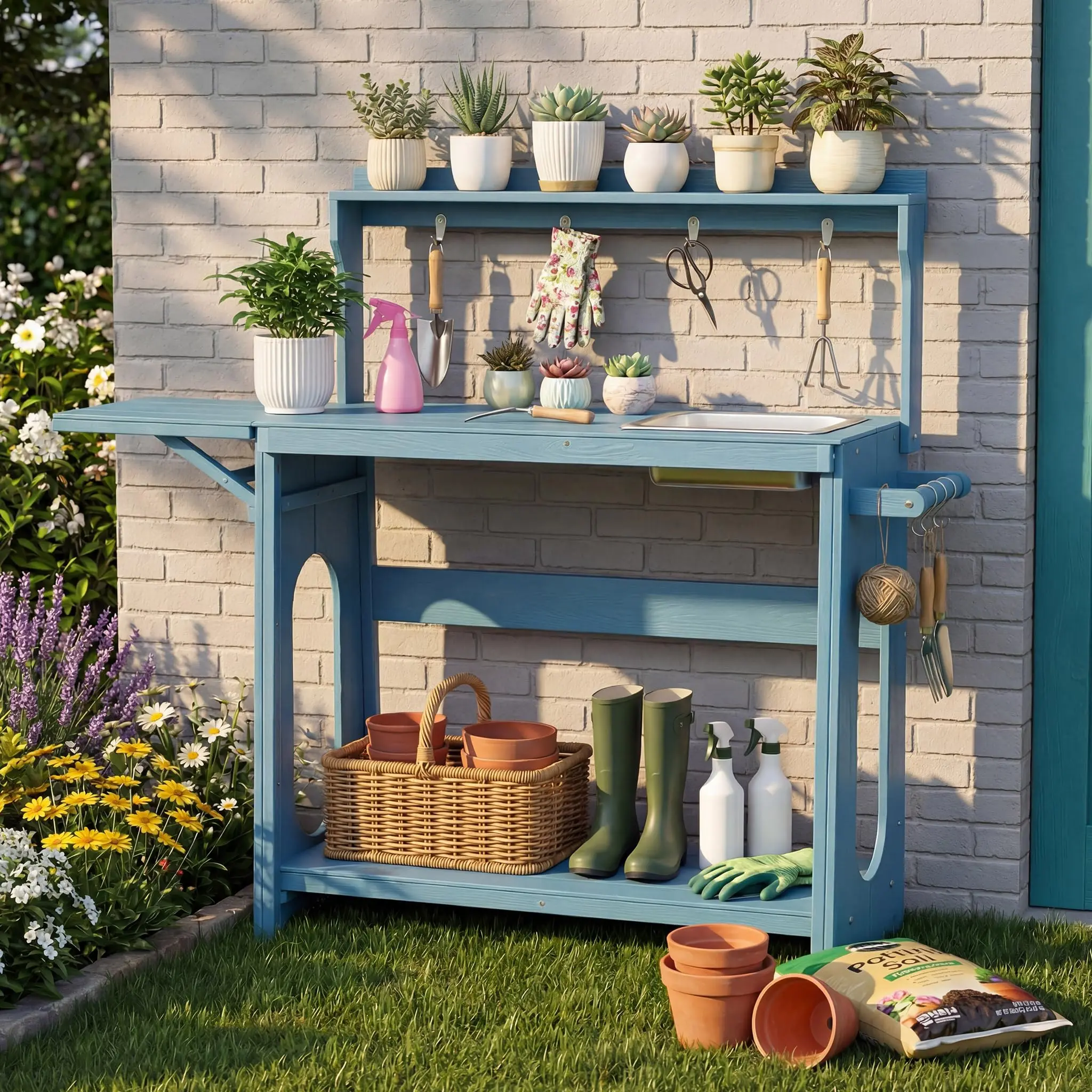 Outdoor Potting Bench Table with Removable Sink for Outside, Blue