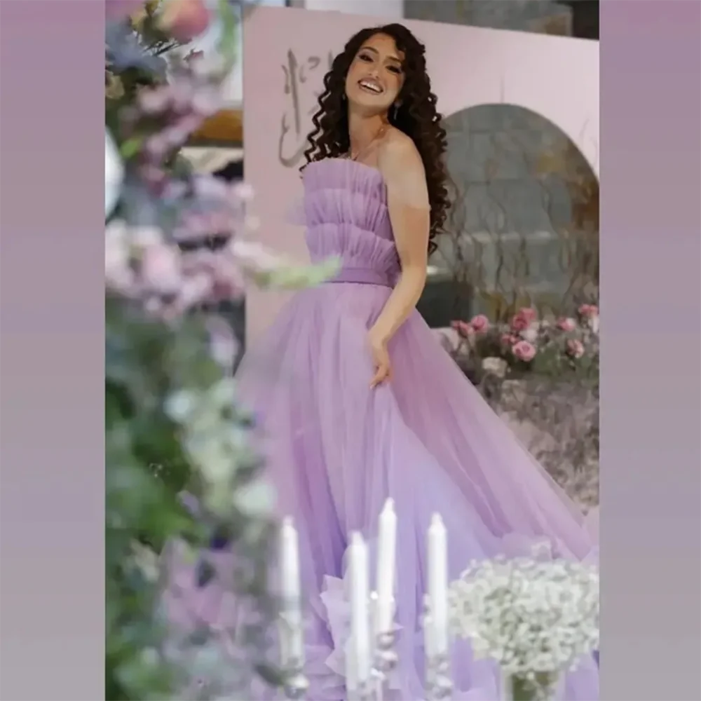 Elegant Light Purple Women Prom Dresses Strapless Sleeveless A-Line Floor Length Fancy Flowers Fashion Evening Party Gowns