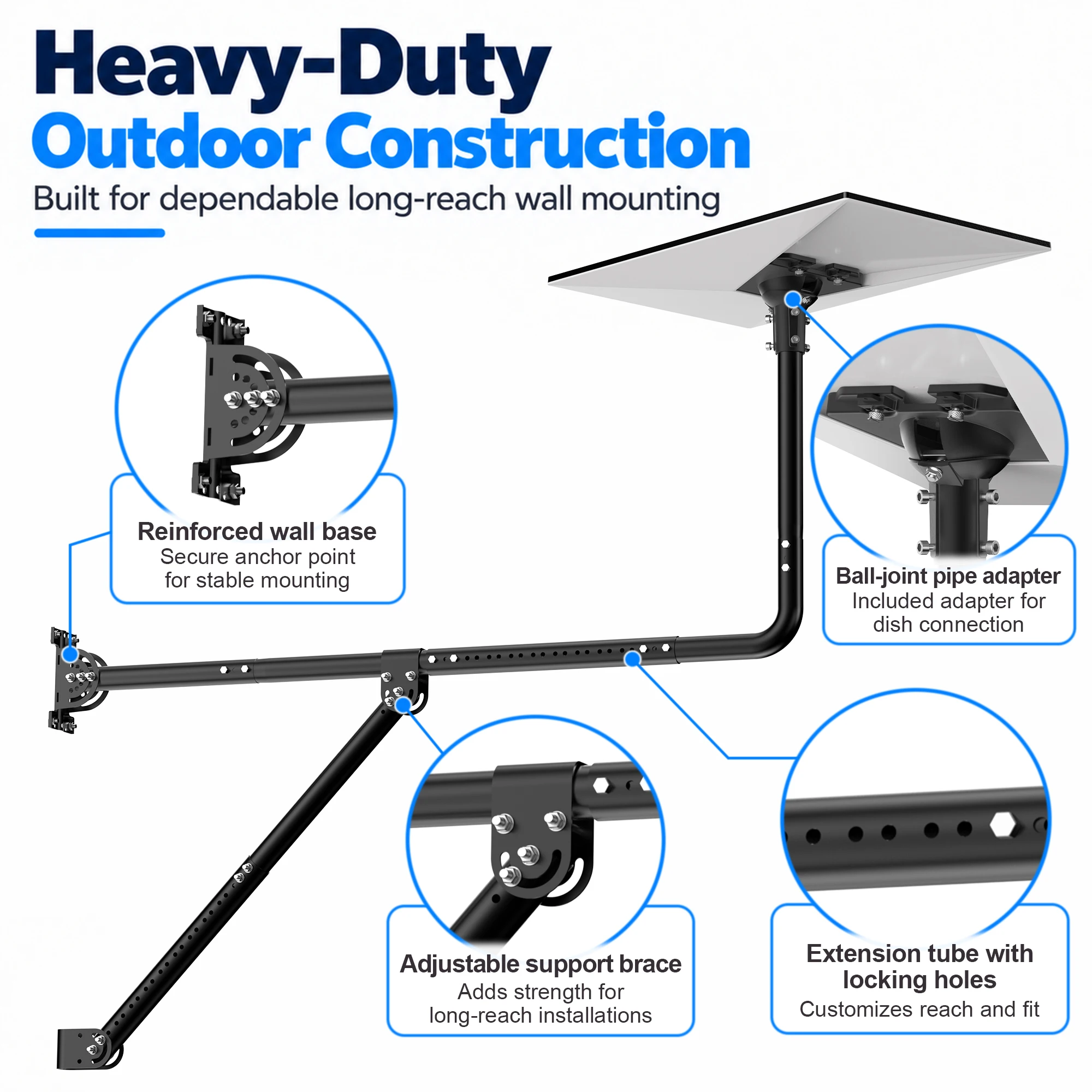 Long Wall Mount for Starlink Gen 3 Standard 4 4X Enterprise – Extendable Straight Pole with Support Brace & Ball Joint Adapter