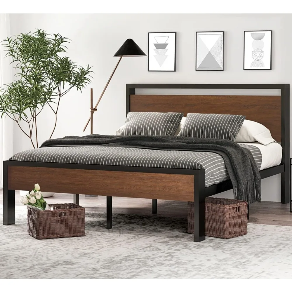 14 Inch Queen Size Metal Platform Bed Frame with Wooden Headboard and Footboard, Mattress Foundation