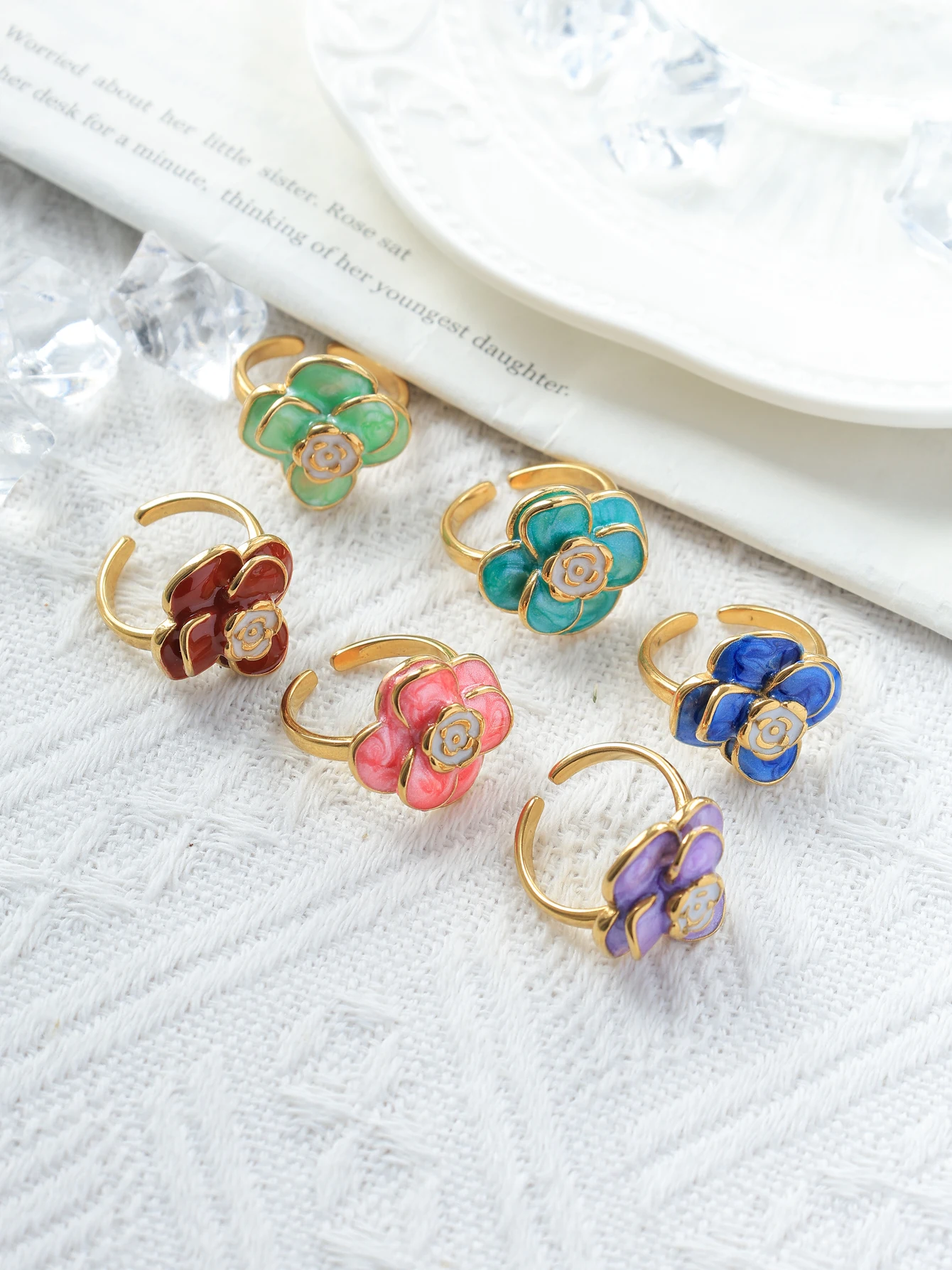 

May@RZ 18k gold-plated stainless steel French flower drop oil ring personality fashion ladies Christmas gift wedding accessories